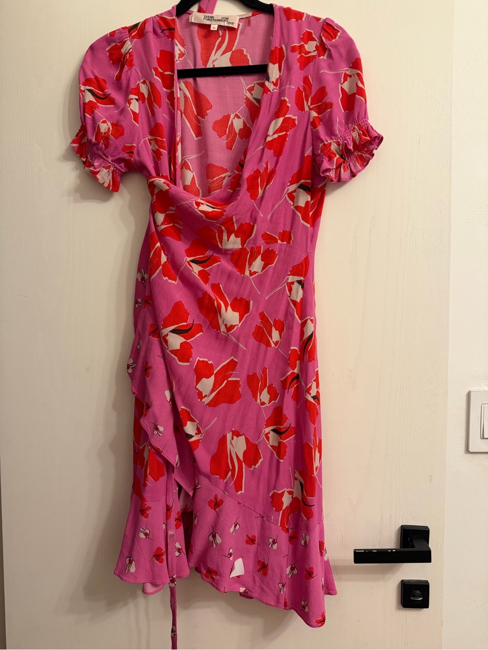 Pink Floral Wrap Dress with Red Accents by  DVF Size Medium